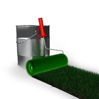 can with paint roller and green grass