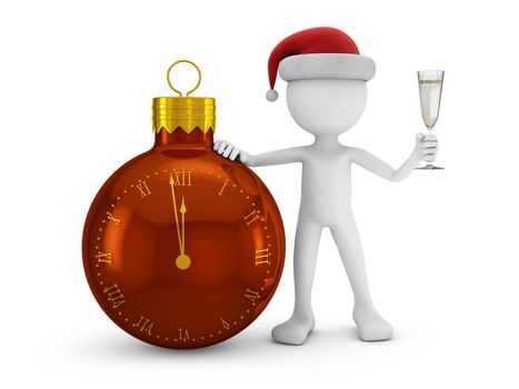 Man in the hat of Santa Claus with a glass of champagne near the clock in the form of a ball.