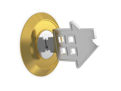 gold lock with a key in the shape of a house