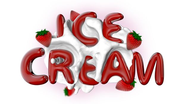 the word ice cream red, strawberries and ice cream melting