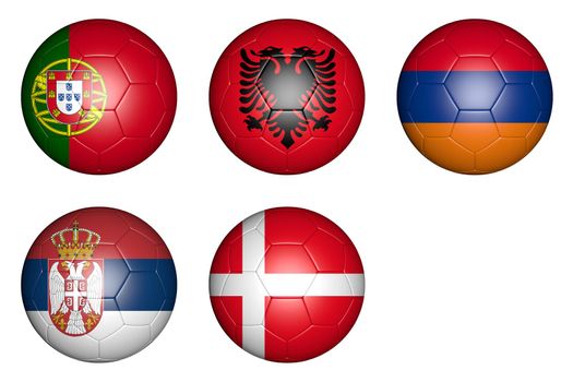 balls with flags of countries: Portugal, Denmark, Serbia, Armenia, Albania.