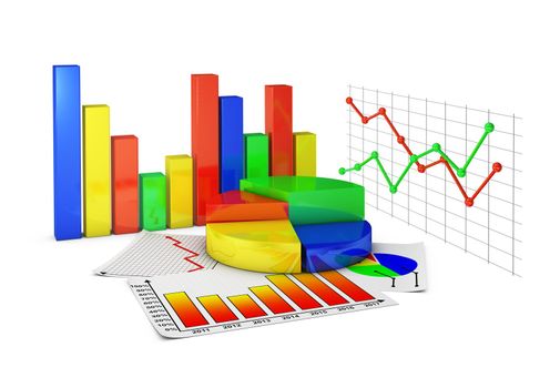 volumetric colorful infographics and paper sheets with a picture of the graphs