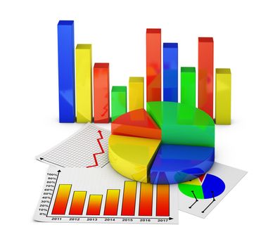 volumetric colorful infographics and paper sheets with a picture of the graphs