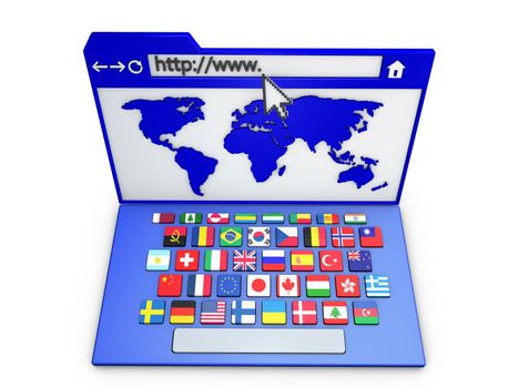 Internet browser with the mouse pointer and keyboard with the flags of the world with the mouse pointer and keyboard with the flags of the world