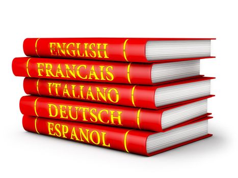 language textbooks in red on a white background