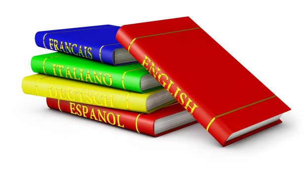 language textbooks in red on a white background