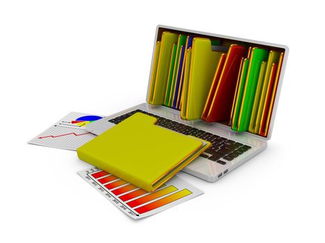 Laptop with folders and sheets with infographics