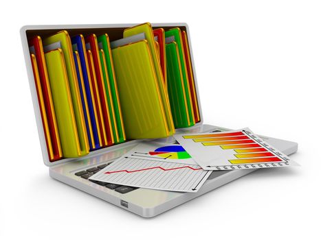 Laptop with folders and sheets with infographics