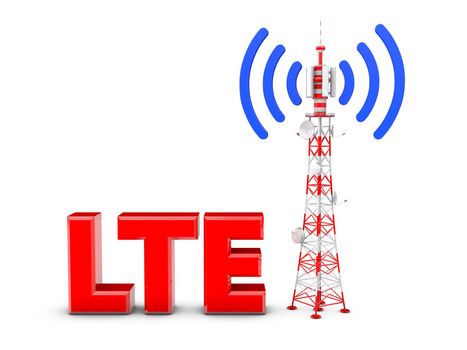 Telecommunication tower with the emitted signal and the red letters: LTE