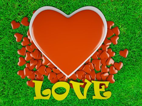 many beautiful hearts and love sign on green grass