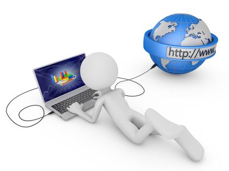 man with a laptop that is connected by a cable to a globe with the search panel