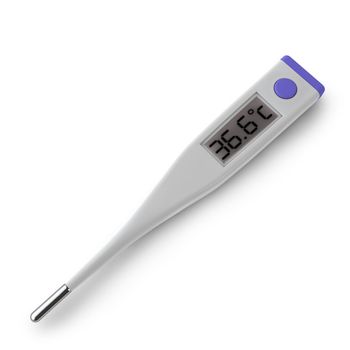 medical electronic thermometer shows 36.6 degrees Celsius on a white background