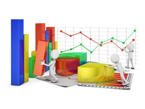 faceless men constructing a volumetric color infographic