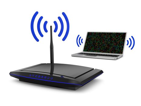 modern router with a blue signal and a laptop