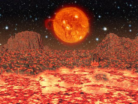 molten planet against a background of a giant star