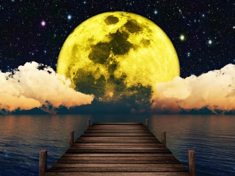 wooden pier on the background of the moon in the night sky