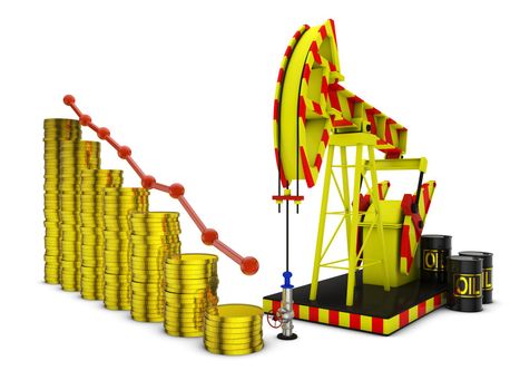 pump for oil and stacks of coins on the background of falling graph