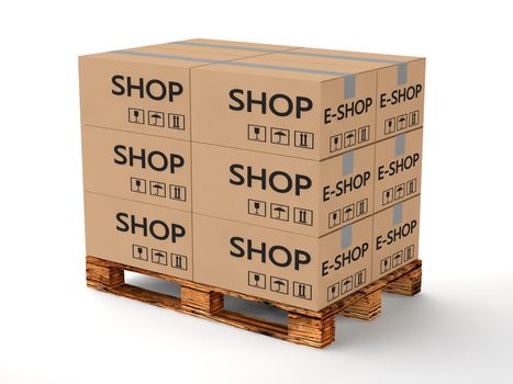wooden pallet with cardboard boxes on white background