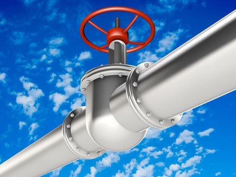 Glossy pipe and valve connection - on the background of sky and clouds