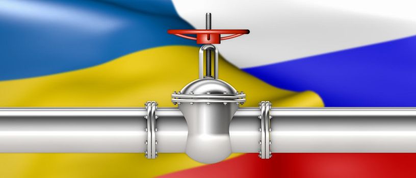 Glossy pipe and valve on a background of the flag of Ukraine and Russia