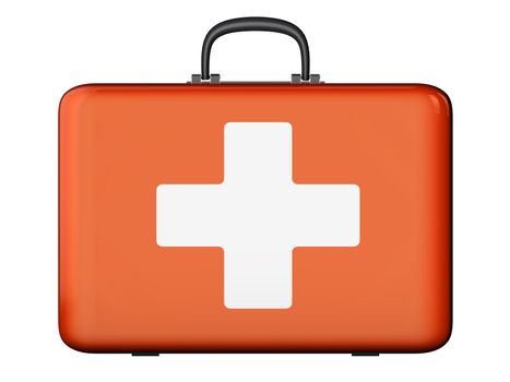 Red suitcase with white cross on a white background