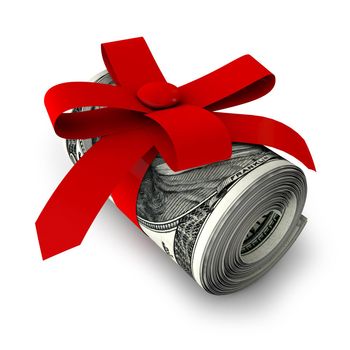 roll of banknotes tied with red ribbon