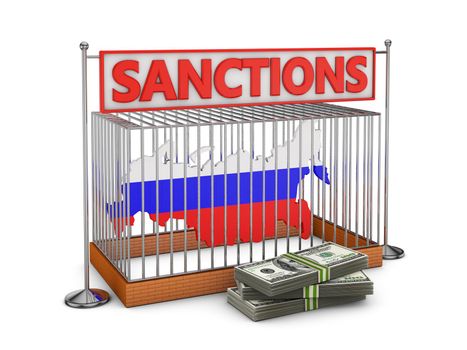 Russia map with flag image in a metal cell with the inscription sanctions and a pack of dollars