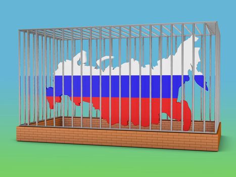 Russia map with flag image in a metal cell with the inscription sanctions