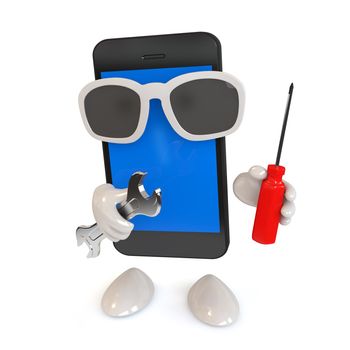 smartphone with glasses holding a wrench and screwdriver