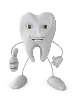 smiling tooth with green eyes indicates a hand gesture