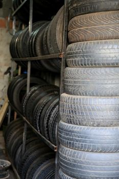 salvador, bahia, brazil - january 27, 2021: used tires are seen in a tire shop in the city of Salvador.