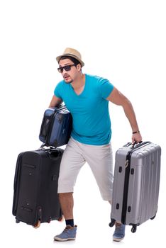Traveler with much luggage isolated on white background