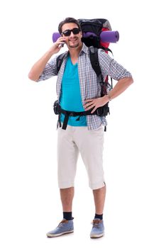Backpacker with large backpack isolated on white