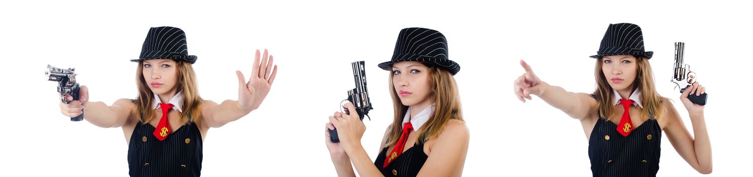Woman with gun isolated on white