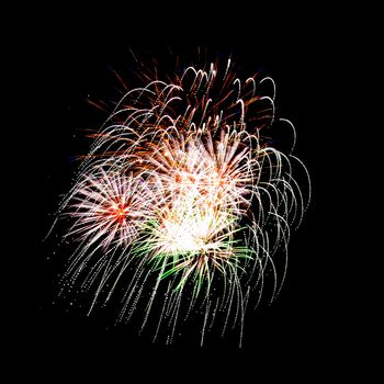 Colorful fireworks isolated on black sky background.