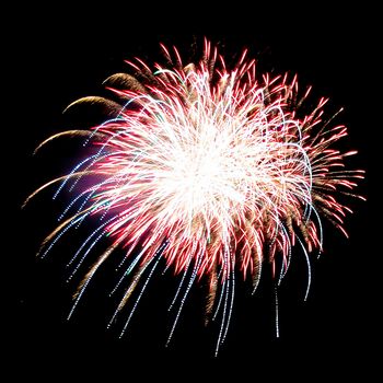 Colorful fireworks isolated on black sky background.