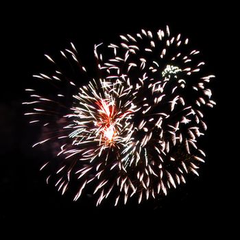 Colorful fireworks isolated on black sky background.