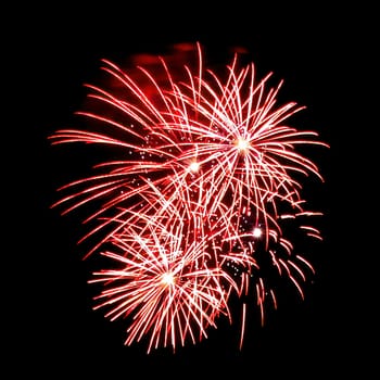 Colorful fireworks isolated on black sky background.