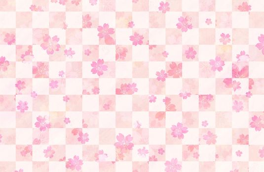 Water painting checked pattern with cherry blossoms / New year greeting card's template / spring background