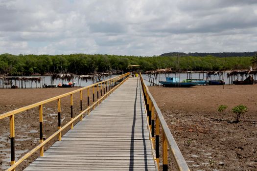 conde, bahia / brazil - march 28, 2013: wooden point of access to the Itapicuru River margin in Siribinha district, Conde municipality, north coast of Bahia.


