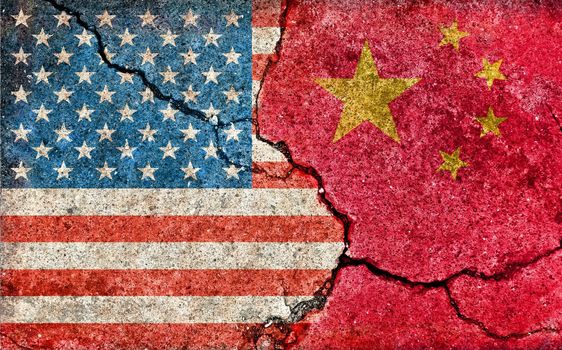 Grunge country flag illustration (cracked concrete background) / China vs USA (Political or economic conflict)