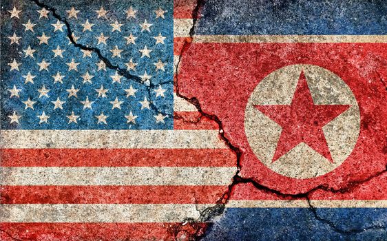 Grunge country flag illustration (cracked concrete background) / USA vs North korea (Political or economic conflict)