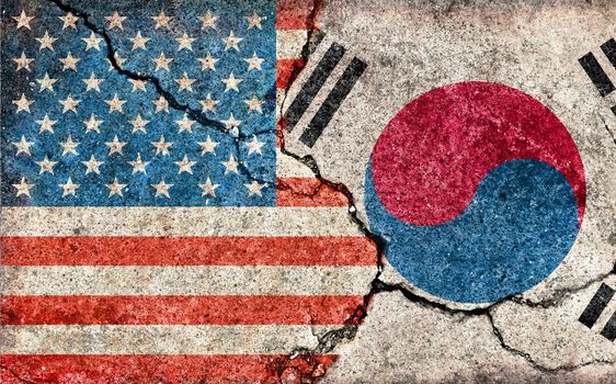 Grunge country flag illustration (cracked concrete background) / USA vs South korea (Political or economic conflict)