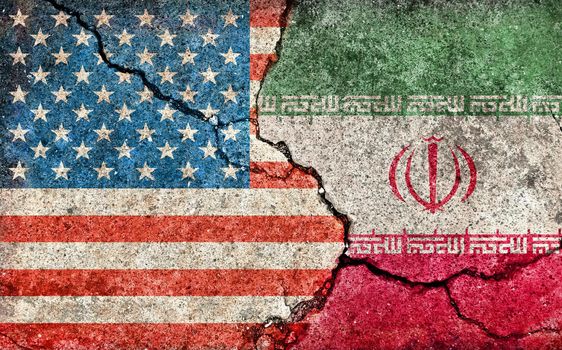 Grunge country flag illustration (cracked concrete background) / USA vs Iran (Political or economic conflict)