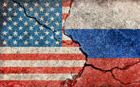 Grunge country flag illustration (cracked concrete background) / USA vs Russia (Political or economic conflict)