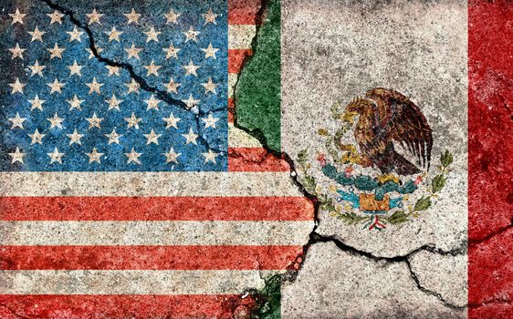 Grunge country flag illustration (cracked concrete background) / USA vs Mexico (Political or economic conflict)