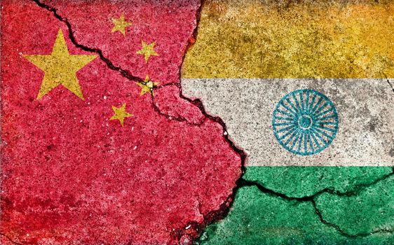 Grunge country flag illustration (cracked concrete background) / China vs India (Political or economic conflict)