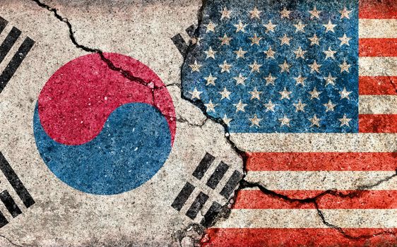 Grunge country flag illustration (cracked concrete background) / USA vs South korea (Political or economic conflict)