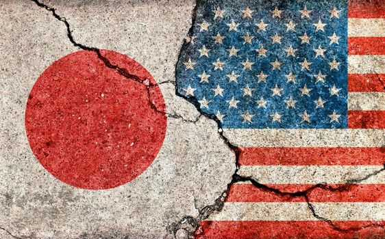Grunge country flag illustration (cracked concrete background) / USA vs Japan (Political or economic conflict)