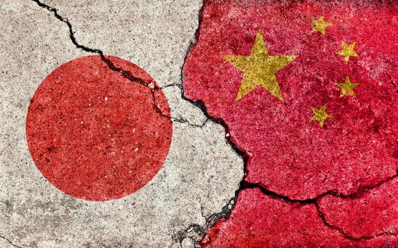 Grunge country flag illustration (cracked concrete background) / Japan vs China (Political or economic conflict)